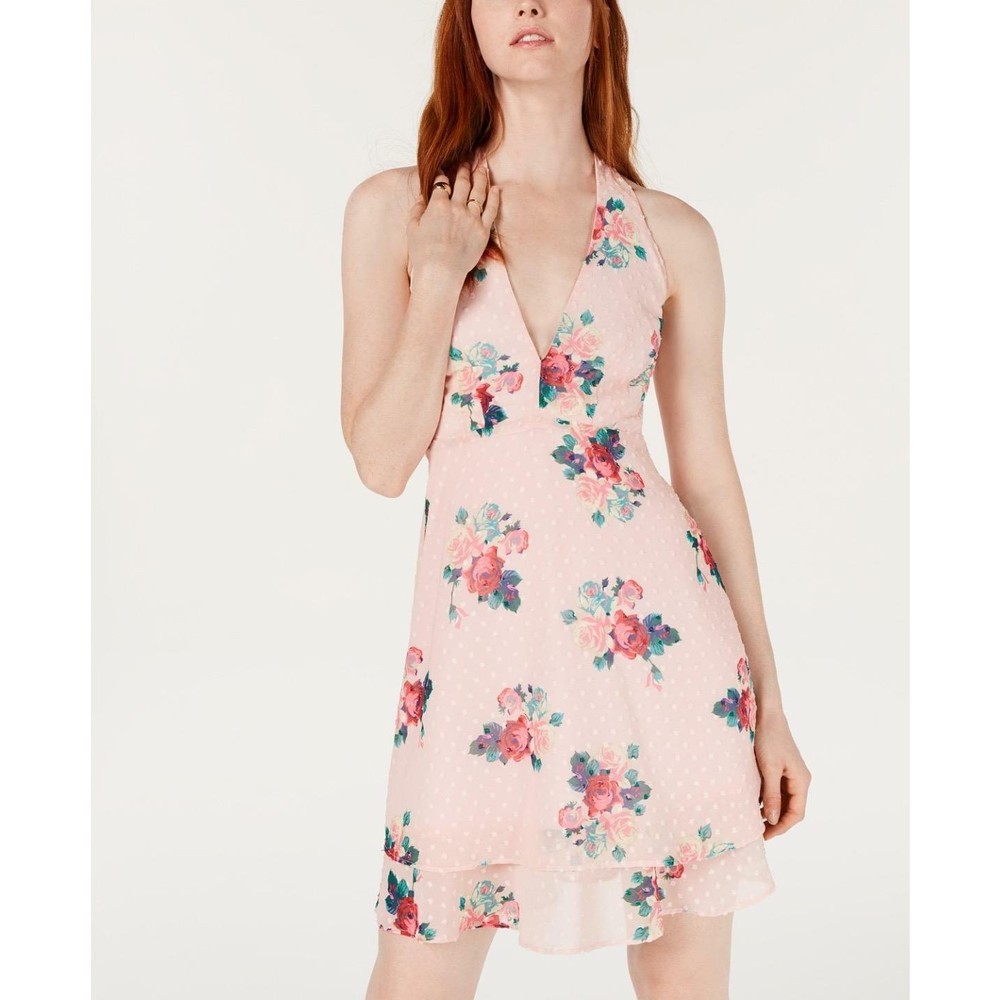 19 Cooper Womens Pink Textured Dots Layered Hem Floral Print A-Line Dress S
